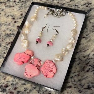 African Turquoise & Mother of Pearl Necklace and Earring Set